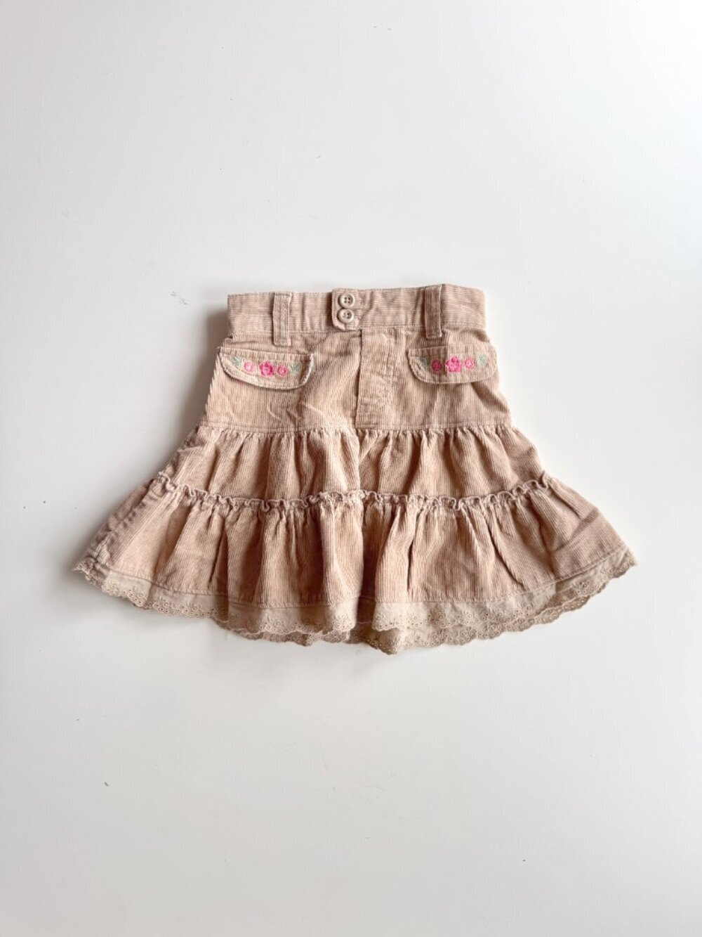 Vintage Girls' OSHKOSH Tan Corduroy Floral Embroidered Lace Trim Skirt, Size 2